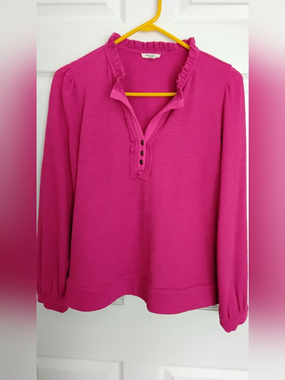 Jodifl Fuchsia Long-Sleeve Ruffle Womens Henley Top